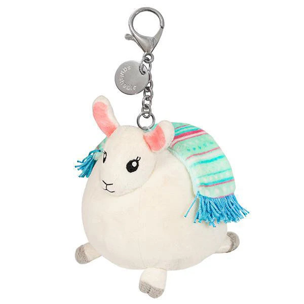 Micro Little Llama keychain featuring its signature blanket and a teal blue clip.