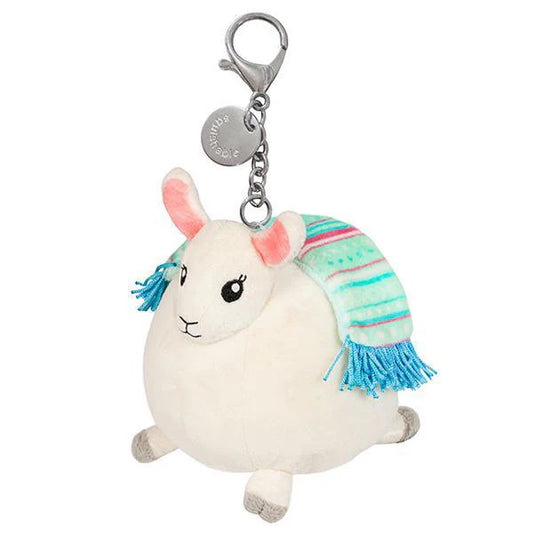 Micro Little Llama keychain featuring its signature blanket and a teal blue clip.