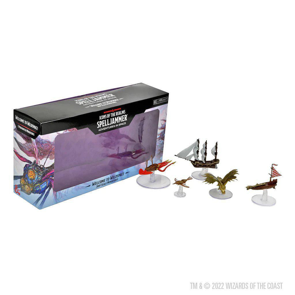 D&D Icons of the Realms Spelljammer Ship Scale Wildspace set with five miniatures on clear stands.