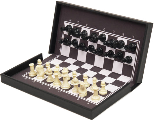 Travel Magnetic Chess set with black and white magnetic pieces on a portable board.