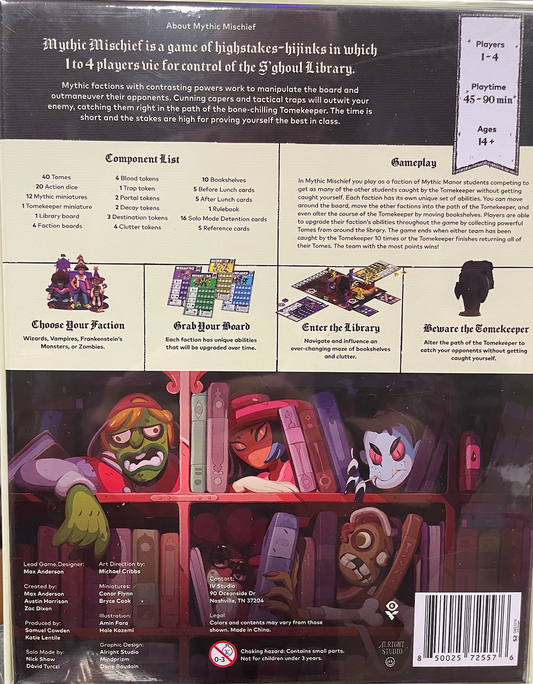 Mythic Mischief Volume I board game with monster and character art among library shelves.