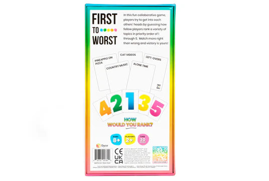 First to Worst game box back with cards, numbered pieces, and rules for ranking topics from first to worst.