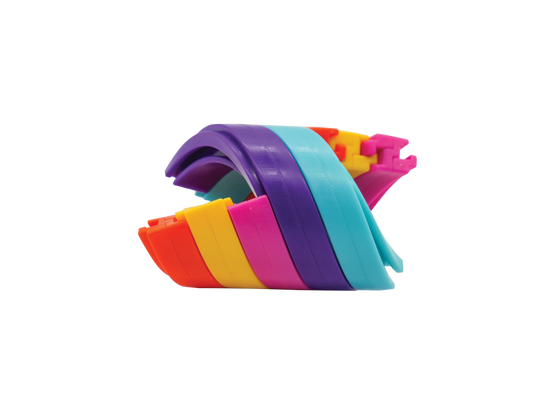 Hypno-Twist Rainbow Fidget with stacked colorful interlocking pieces. Sensory or novelty fidget toy.