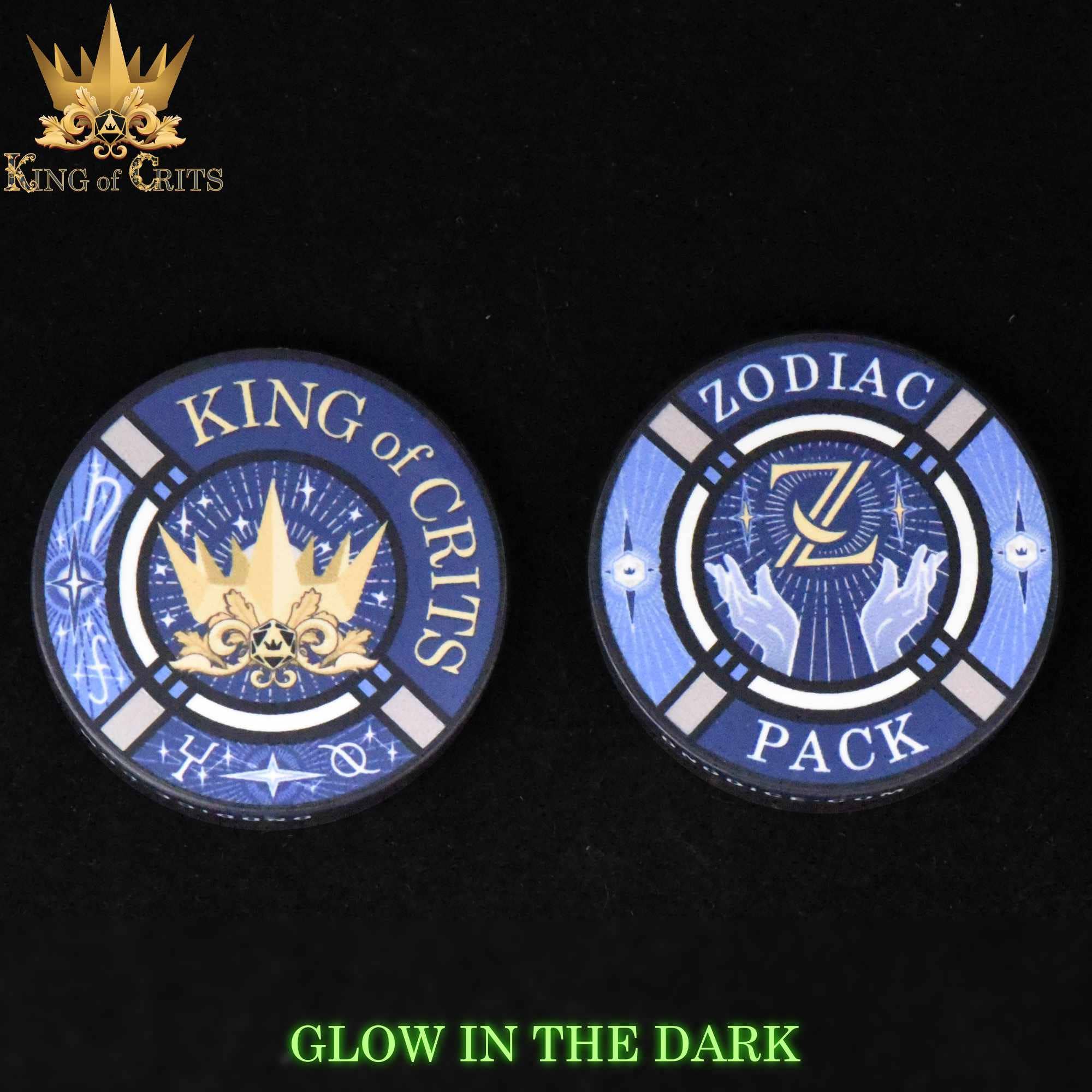 King of Crits and Zodiac Pack round tokens with text: Glow in the dark Zodiac Pack 12D6 Dice Set.
