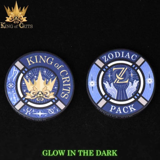 King of Crits and Zodiac Pack round tokens with text: Glow in the dark Zodiac Pack 12D6 Dice Set.