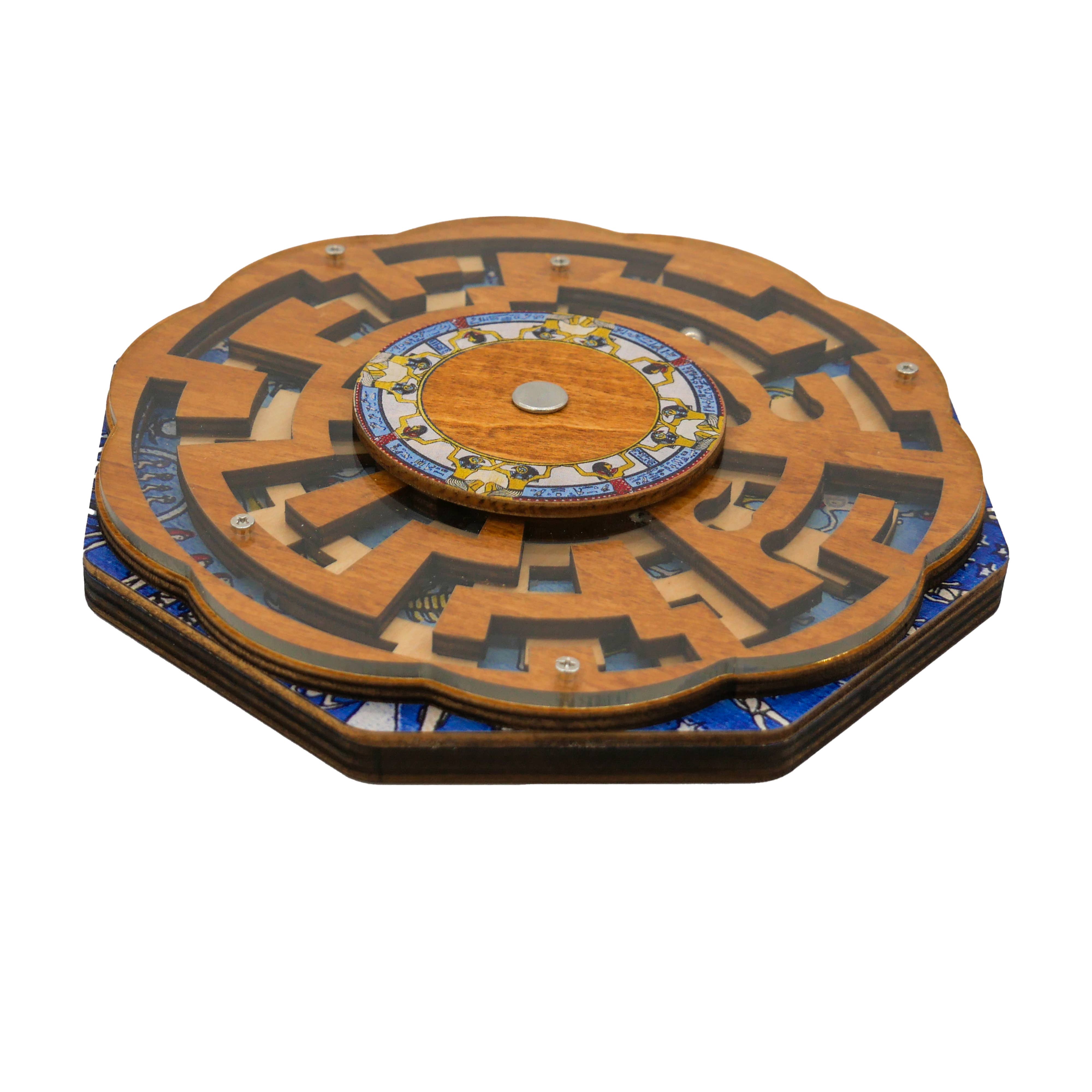 True Genius Dendera Shifting Maze wooden octagonal puzzle with a ball bearing and blue and yellow accents.