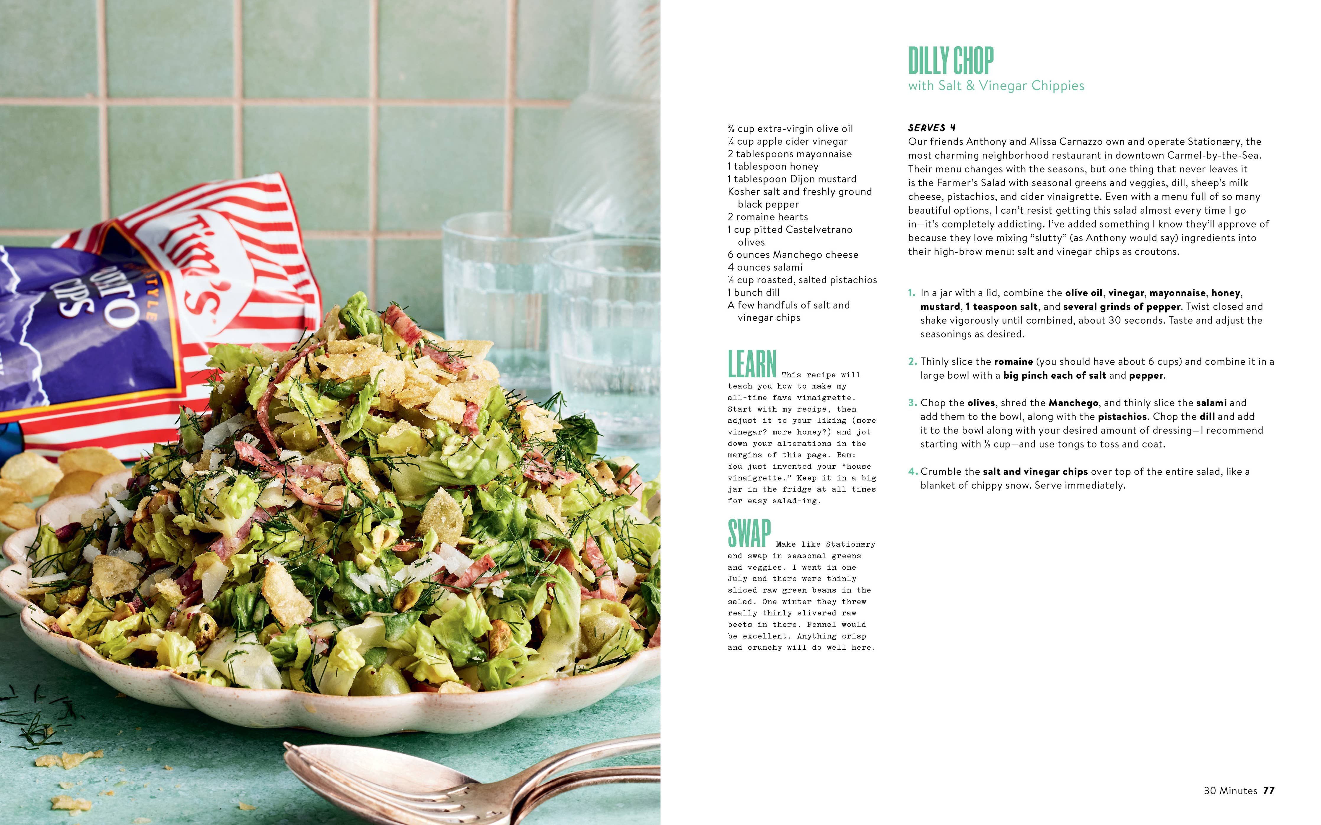 What To Cook When You Dont Feel Like Cooking book next to a plate of chopped salad with chips.