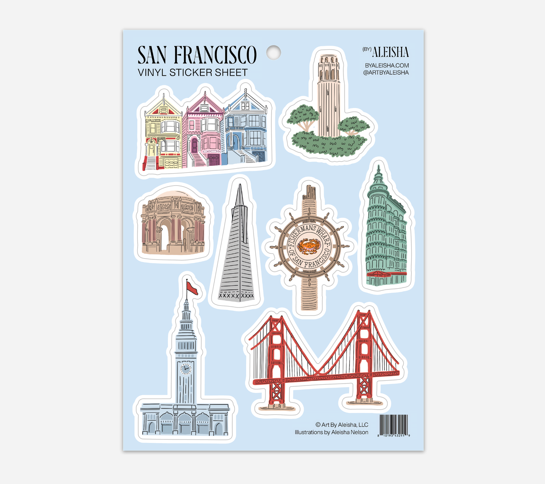 San Francisco Landmarks Sticker Sheet featuring hand-drawn icons of Golden Gate Bridge and Painted Ladies.