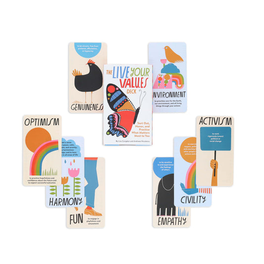 The Live Your Values Deck with illustrated self-improvement cards and core values box on a white background.