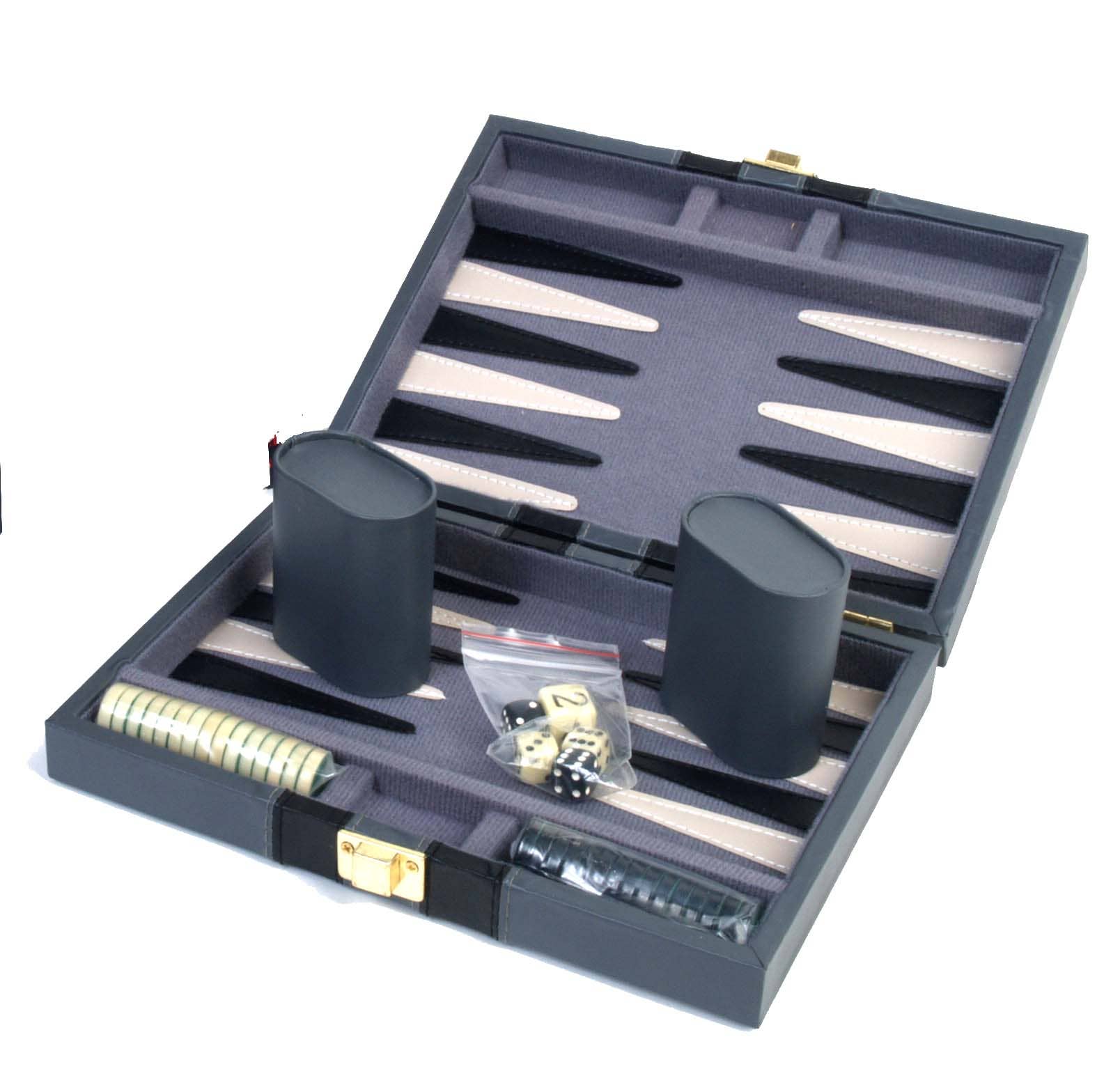9 Mag Backgammon set with checkers, dice, doubling cube, and cups in a gray travel case.