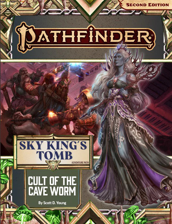 Pathfinder Sky Kings Tomb adventure, part 2: Cult of the Cave Worm cover featuring blue-skinned sorceress fighting foes.