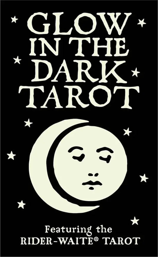 Glow In The Dark Tarot deck with a black cover and crescent moon design, inspired by Rider-Waite style.