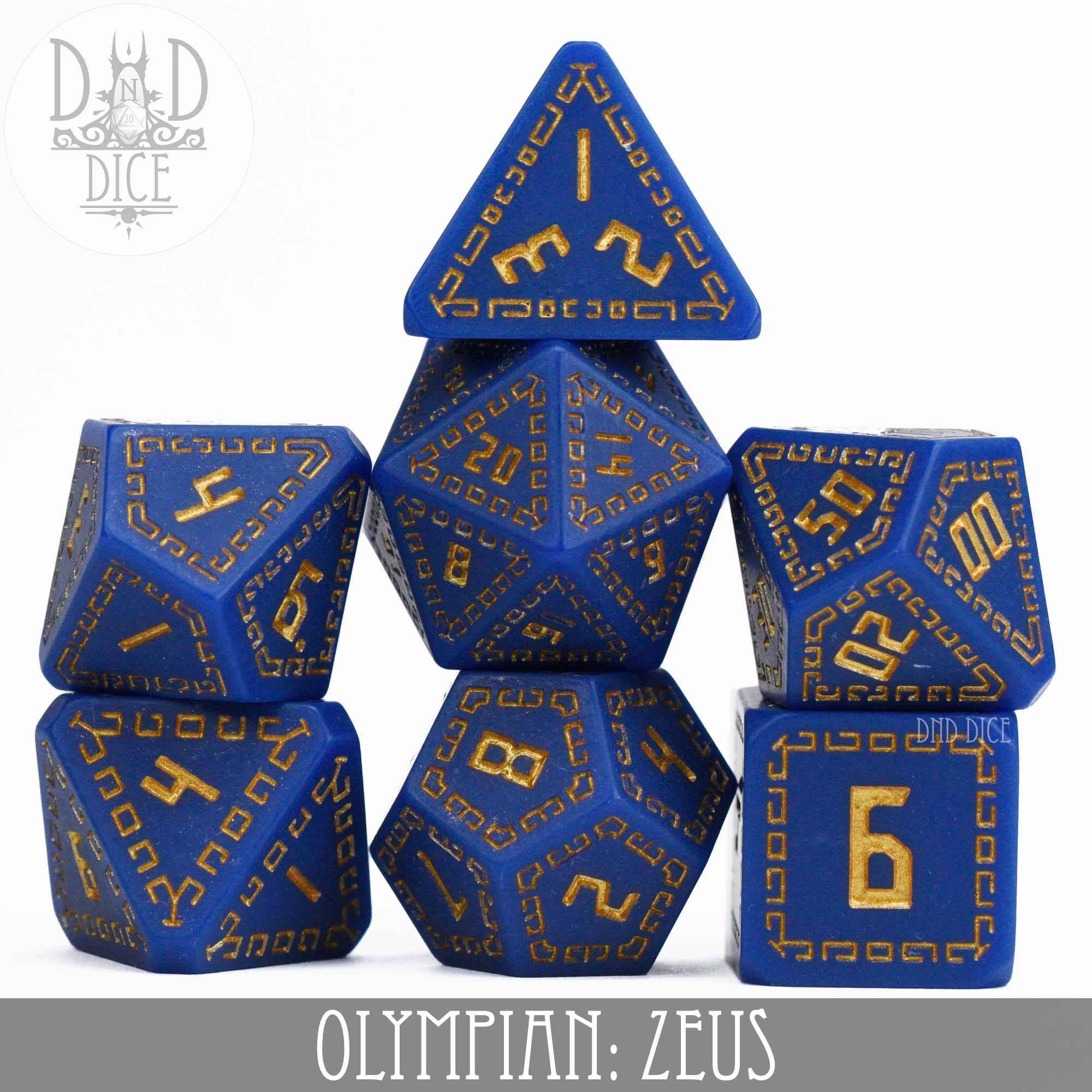 Blue resin 7-dice set for DND, Olympian: Zeus, with gold numbers and Greek-inspired designs.