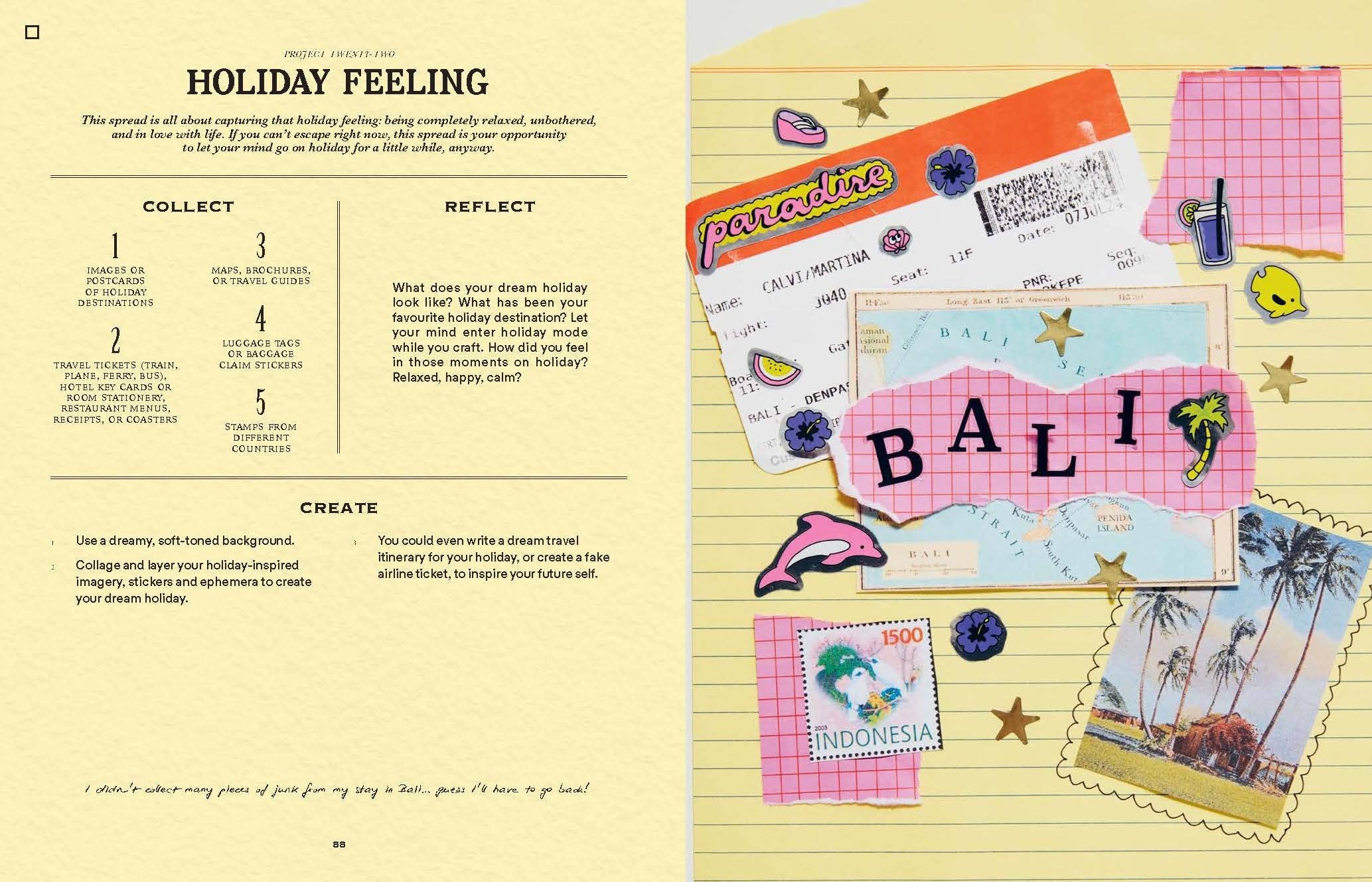 A Year of Junk Journaling set with Bali-themed stickers, tickets, and notes on yellow-lined paper.