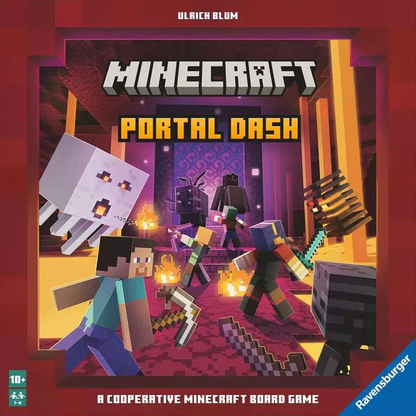 Minecraft Portal Dash cooperative board game featuring players battling monsters in the Nether.
