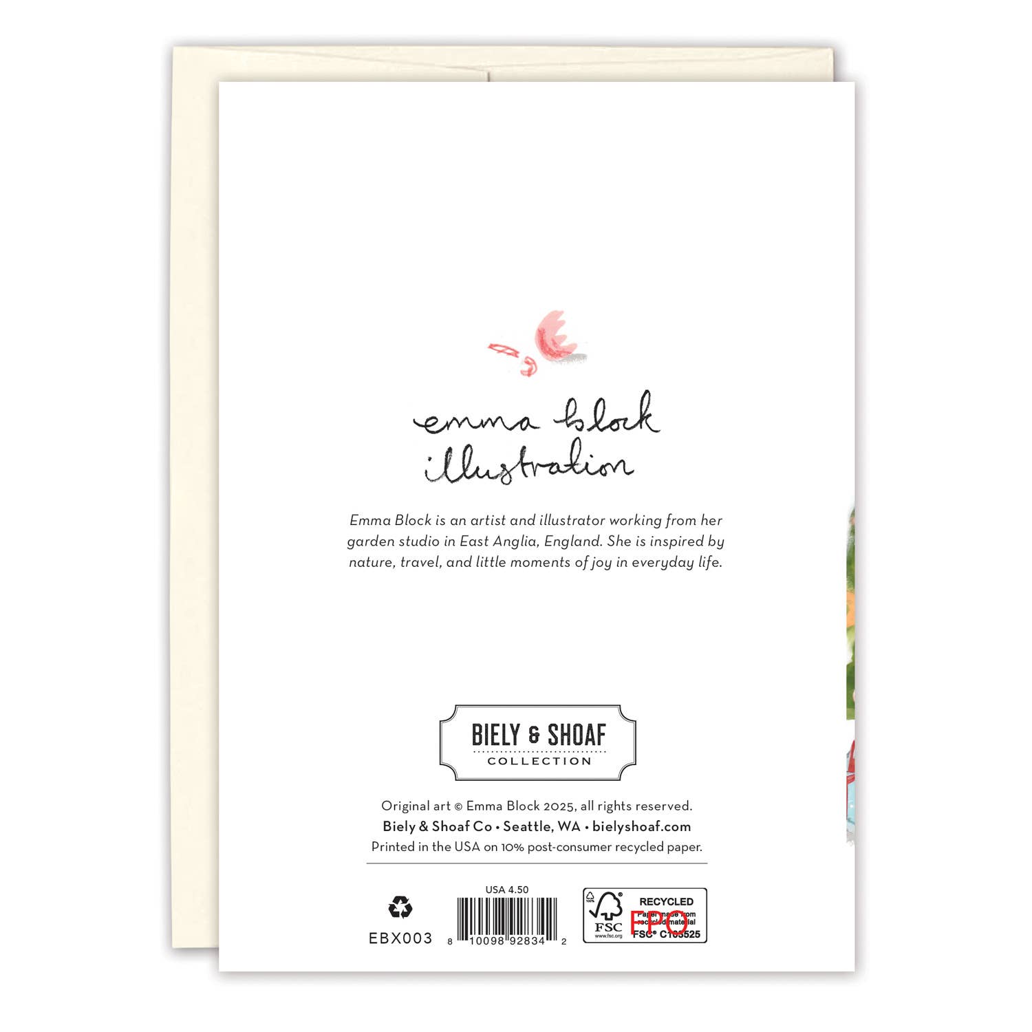 Back of Cats Christmas Mischief Holiday Card featuring Emma Block’s bio, company logo, and gold foil bird illustration.