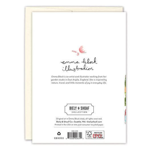 Back of Cats Christmas Mischief Holiday Card featuring Emma Block’s bio, company logo, and gold foil bird illustration.