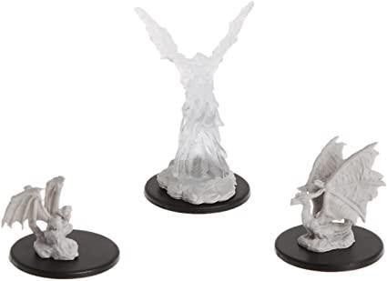 Three D&D Nolzurs Marvelous Unpainted Miniatures: Familiars—two white, one translucent—on black bases.