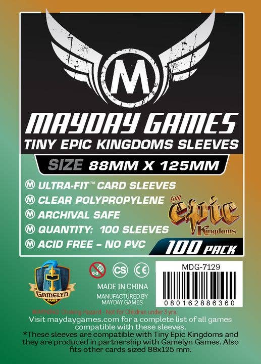 Custom Tiny Epic Kingdoms Sleeves, 88 x 125 mm, 100-pack with features and logos shown on packaging.