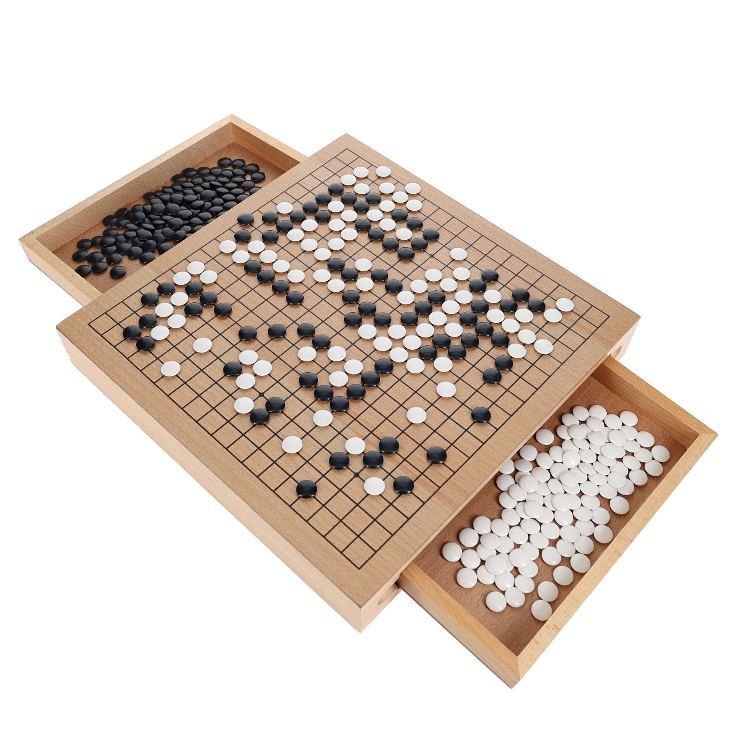 Wood GO Set, 12-inch board, includes black and white stones and storage drawers for extra pieces.