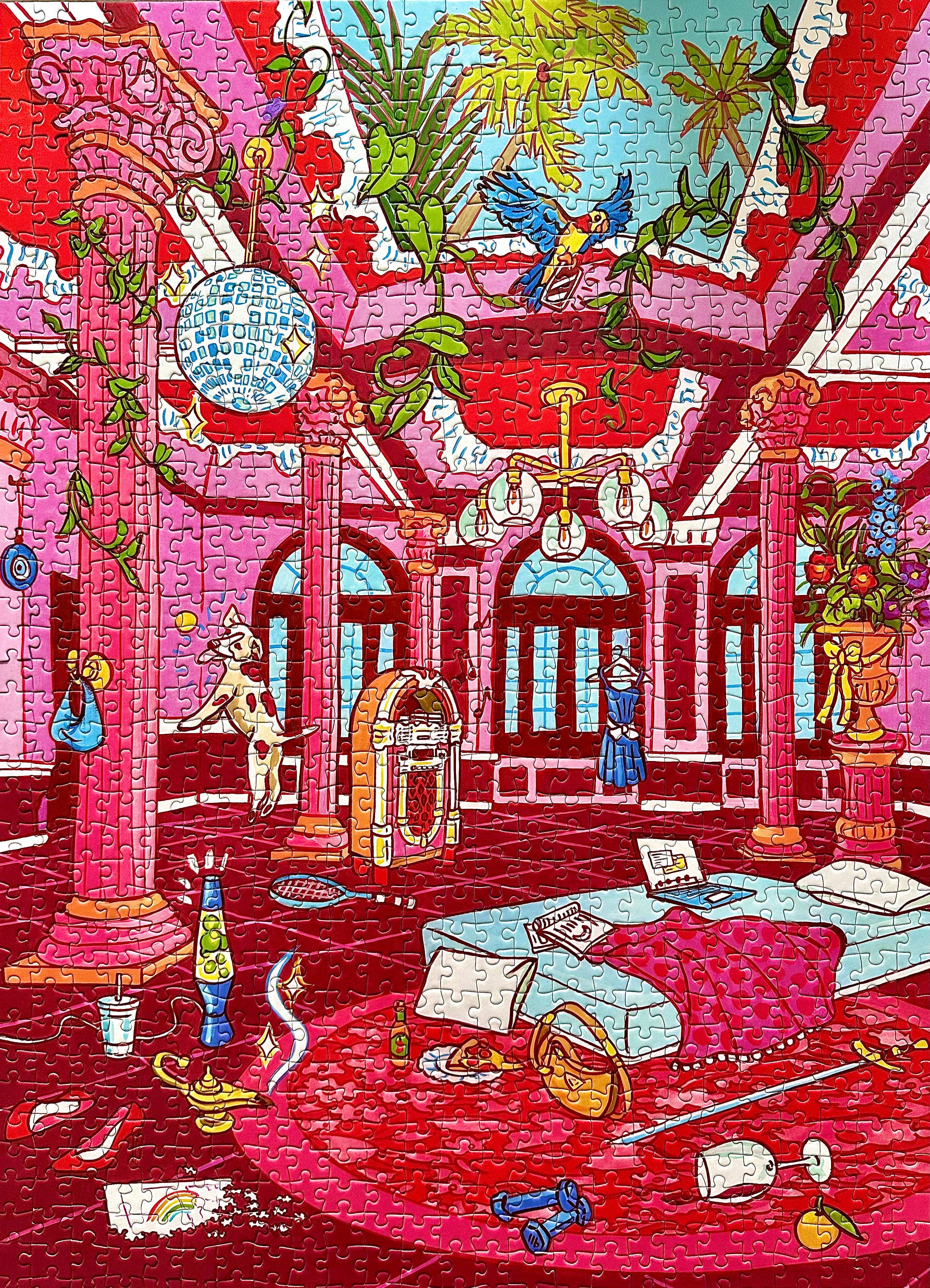 Baroque Girl 1000-piece puzzle by Jules Monson featuring a pink room with columns, plants, birds, and party décor.