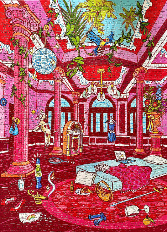 Baroque Girl 1000-piece puzzle by Jules Monson featuring a pink room with columns, plants, birds, and party décor.