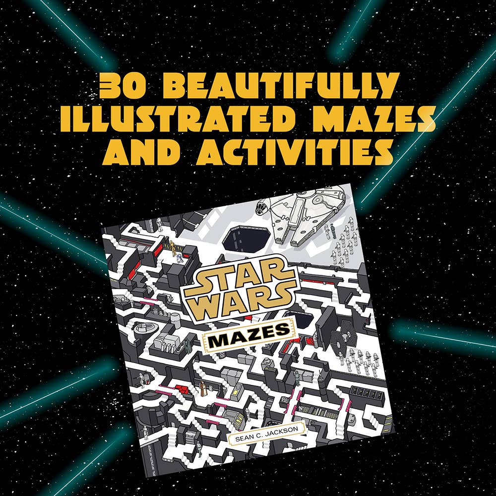 Star Wars Mazes book cover with yellow text: 30 mazes in Star Wars locations.