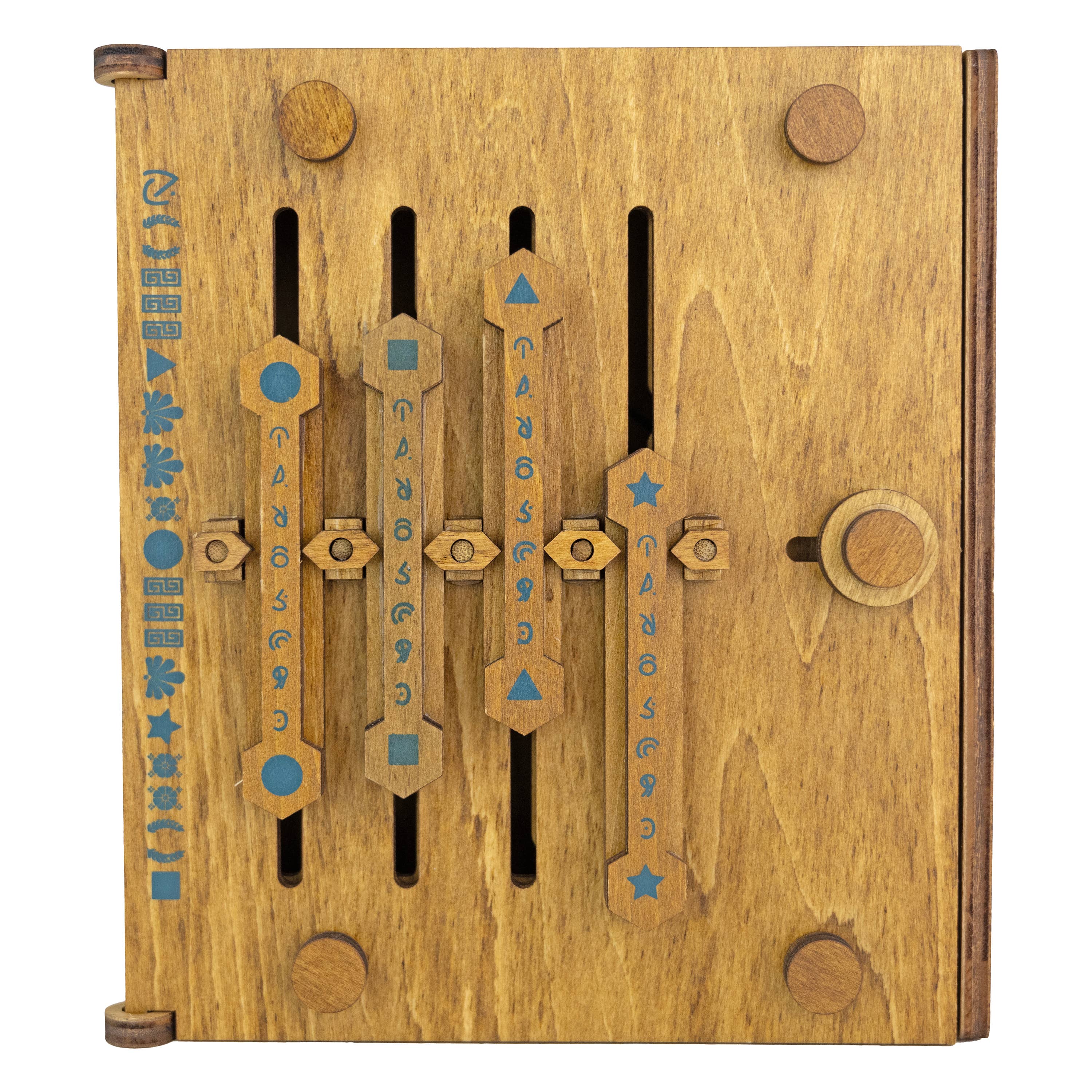 True Genius Caesars Codex Secret Puzzle Box with sliding panels and blue symbols on the left side.