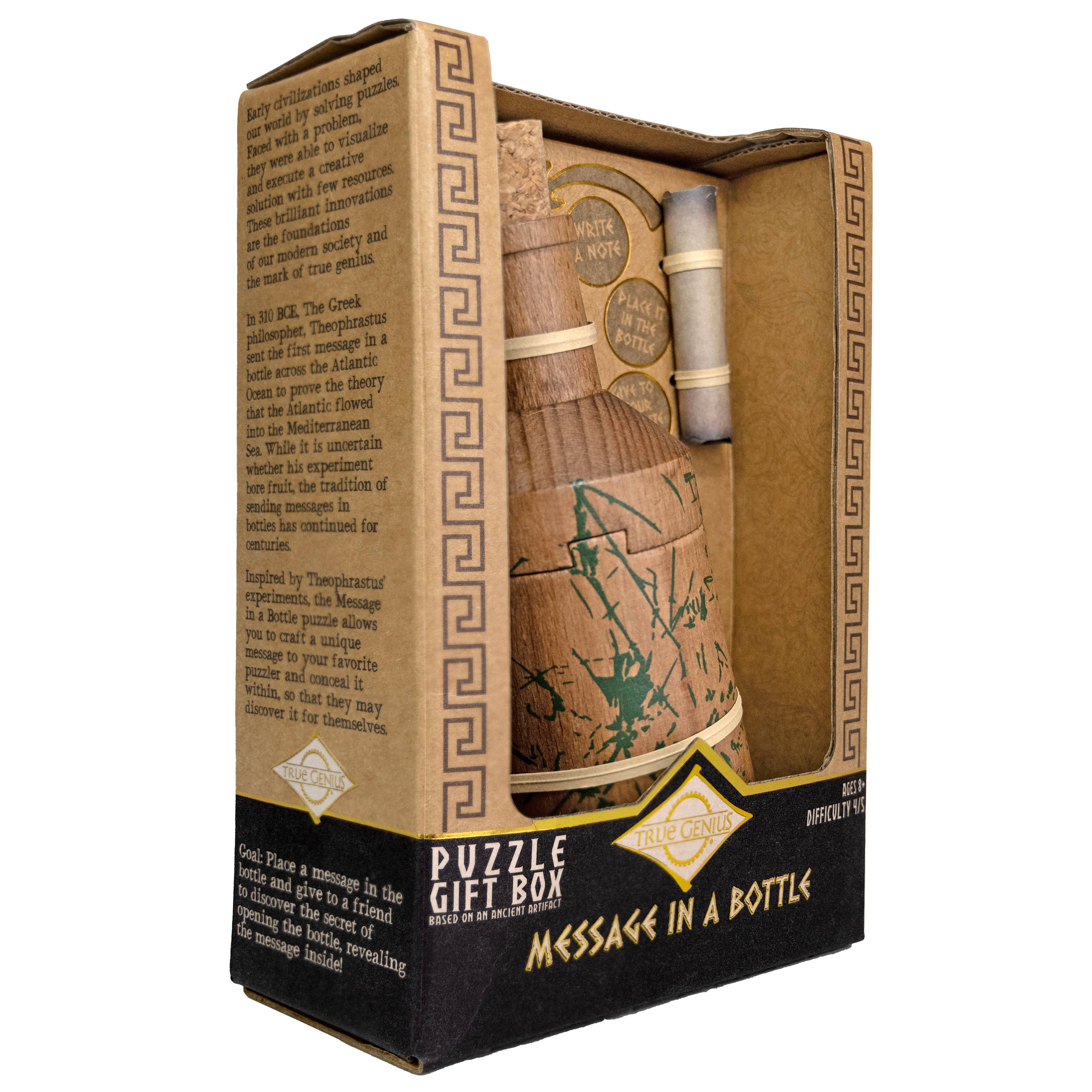 Message in a Bottle - Secret Puzzle Box with Greek-inspired packaging and included instructions.