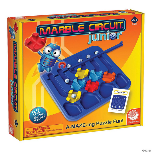 Marble Circuit Junior game with colorful pieces, cartoon robot, and 32 logic puzzles for ages 4 and up.