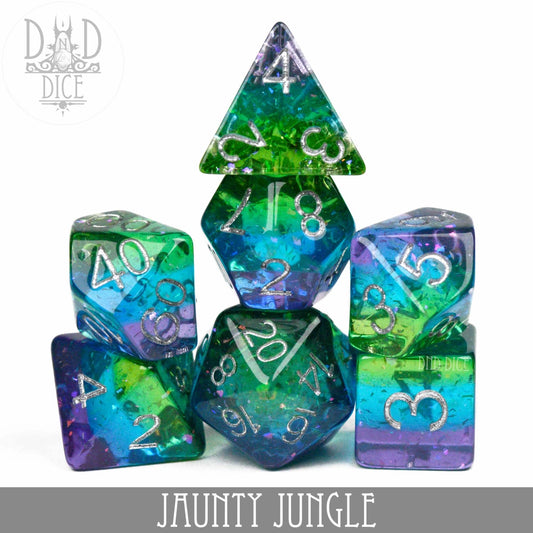 Jaunty Jungle Dice Set with 7 polyhedral dice in green, blue, and purple for tabletop gaming.