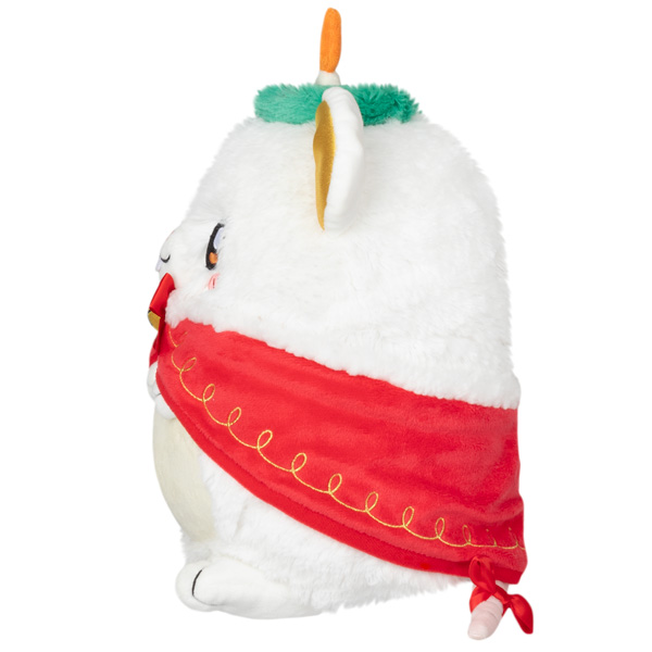 Side view of Festive Mouse Mini Squishable, fluffy and white with red cape and red accents.