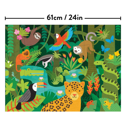 Wild Rainforest 24-Piece Floor Puzzle featuring sloths, jaguars, and toucans for toddlers.