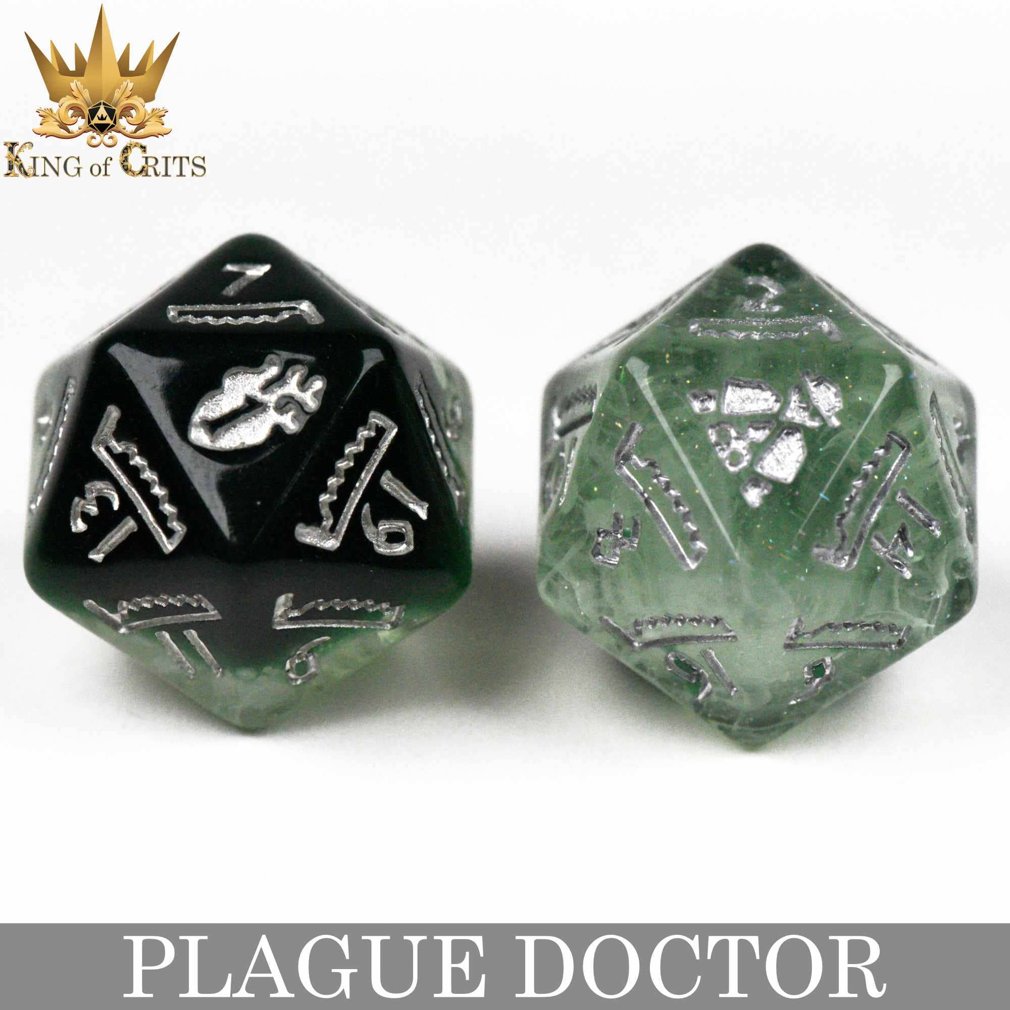 Plague Doctor 11 Dice Set with two d20s, black and green, featuring silver King of Crits symbols in place of numbers.