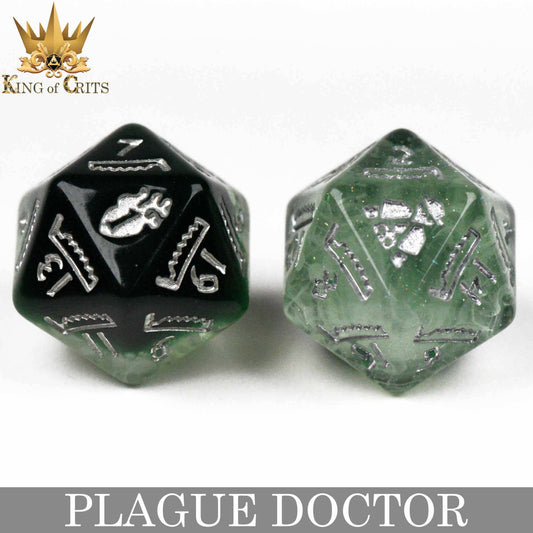 Plague Doctor 11 Dice Set with two d20s, black and green, featuring silver King of Crits symbols in place of numbers.