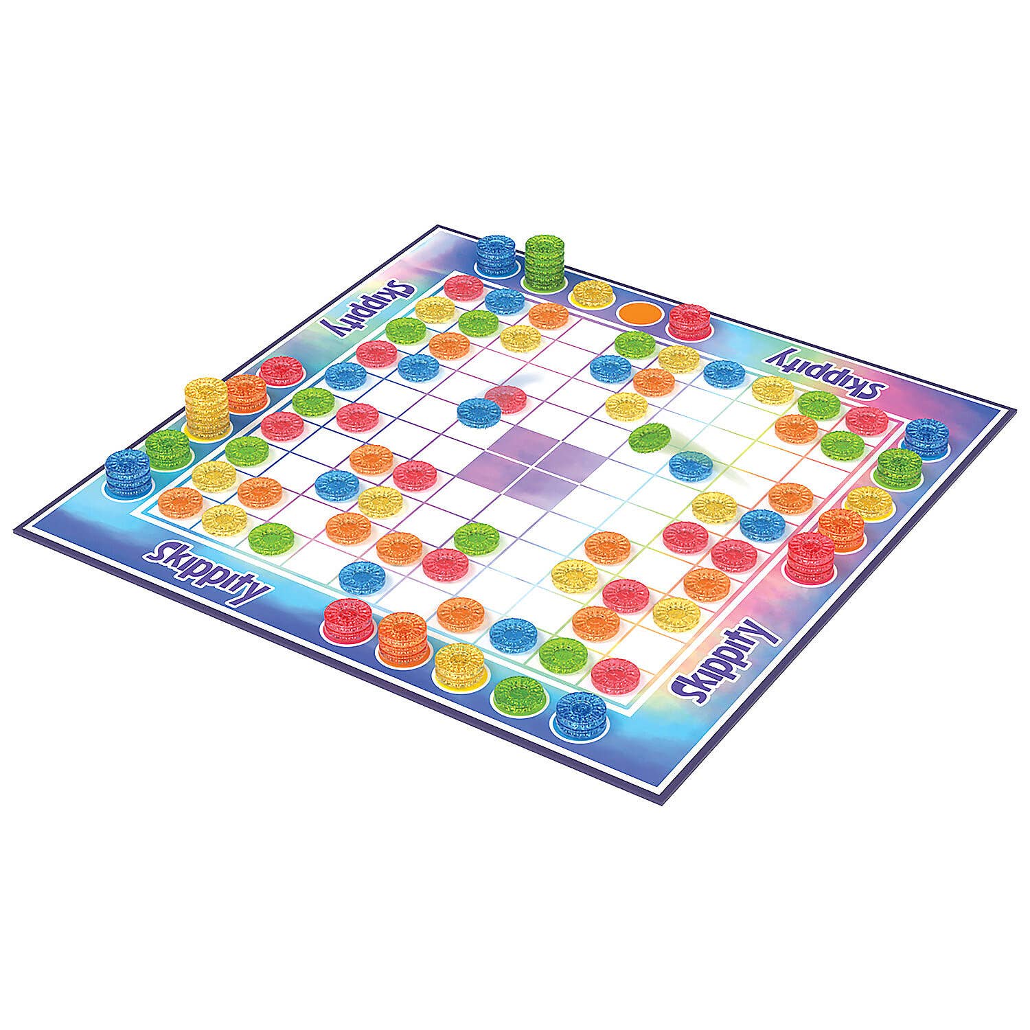 Skippity strategy board game with stacked red, yellow, green, and blue checkers on a square grid.