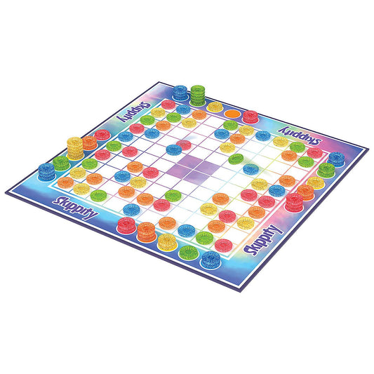Skippity strategy board game with stacked red, yellow, green, and blue checkers on a square grid.