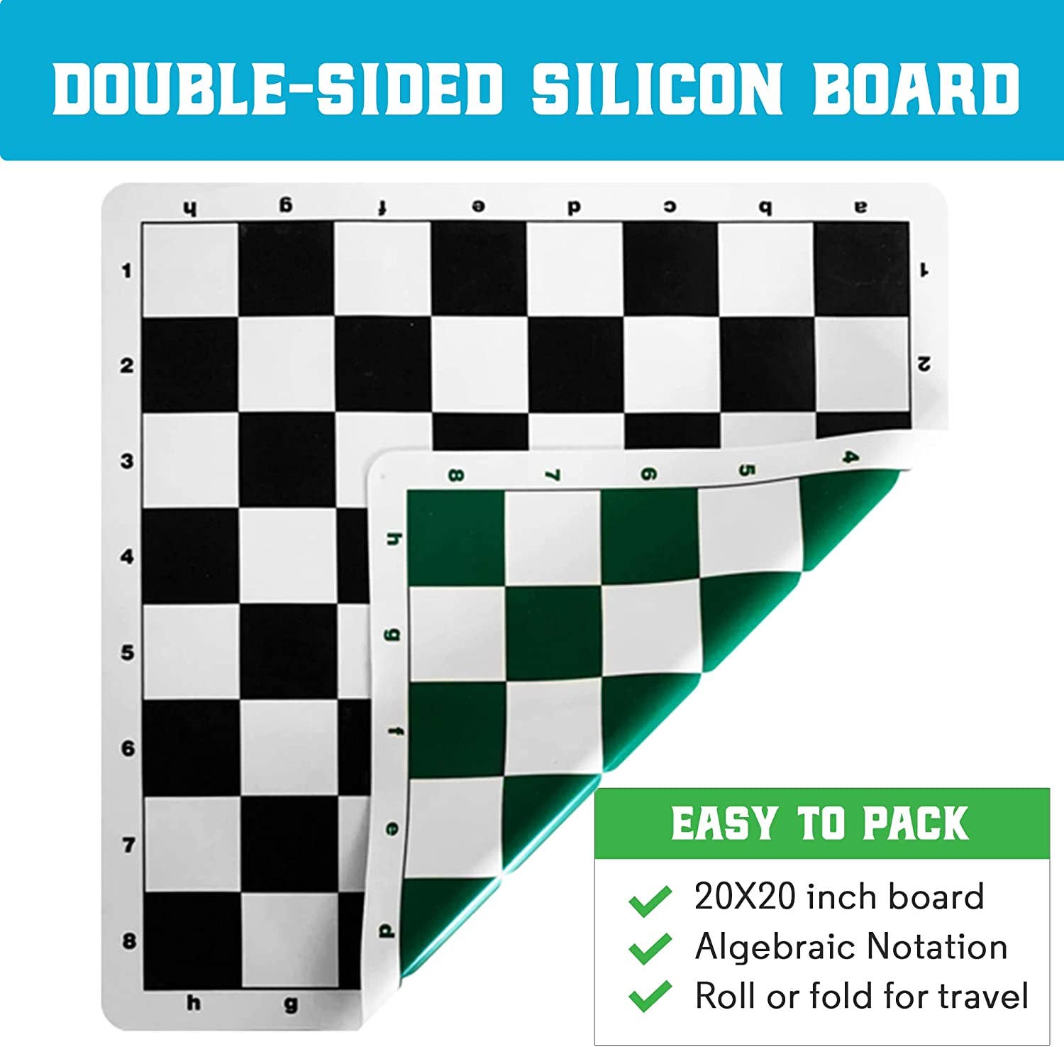 Best Chess Set Ever 3x Tournament, double-sided chess board with green/white and black/white squares, algebraic notation.