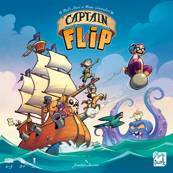 Captain Flip board game with cartoon pirate crew and purple sea monster on the cover.