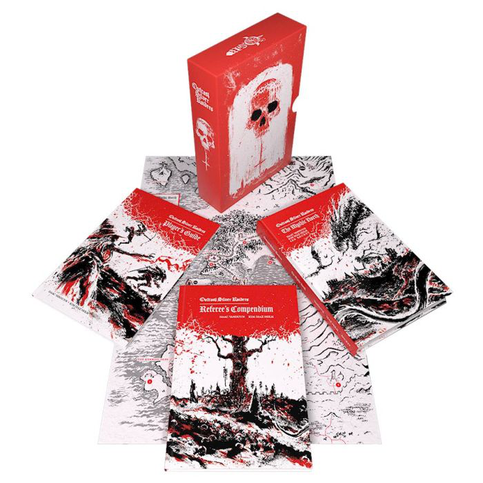 The Outcast Silver Raiders box set with illustrated books and black-and-white fantasy maps for OSR tabletop RPGs.
