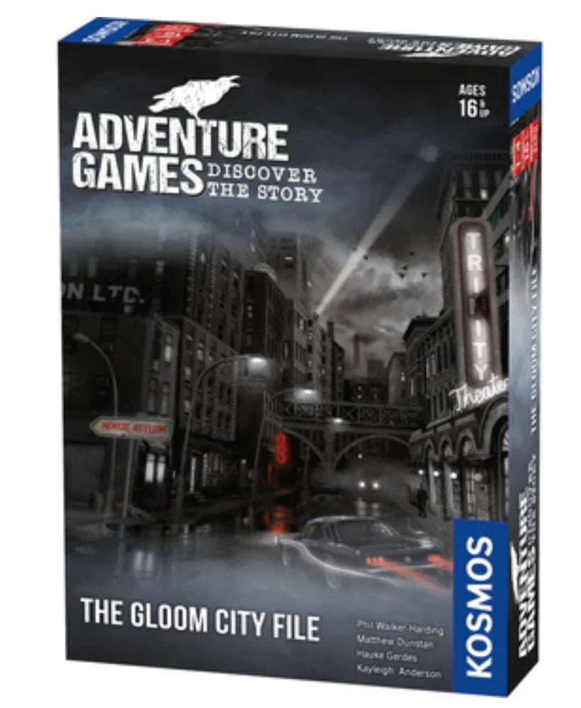 The Adventure Games: The Gloom City File box featuring a dark, rainy city street with neon signs and old buildings.