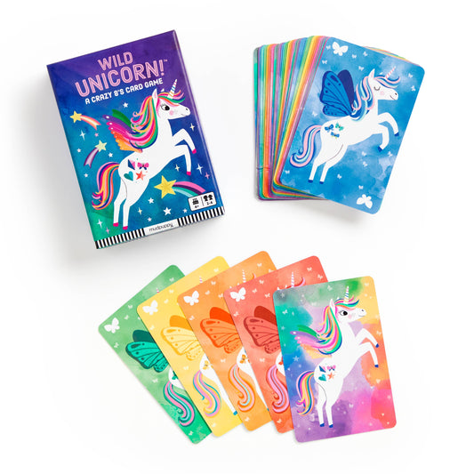 Wild Unicorn Card Game for kids with rainbow-maned unicorns and stars on each Crazy 8’s-inspired card.