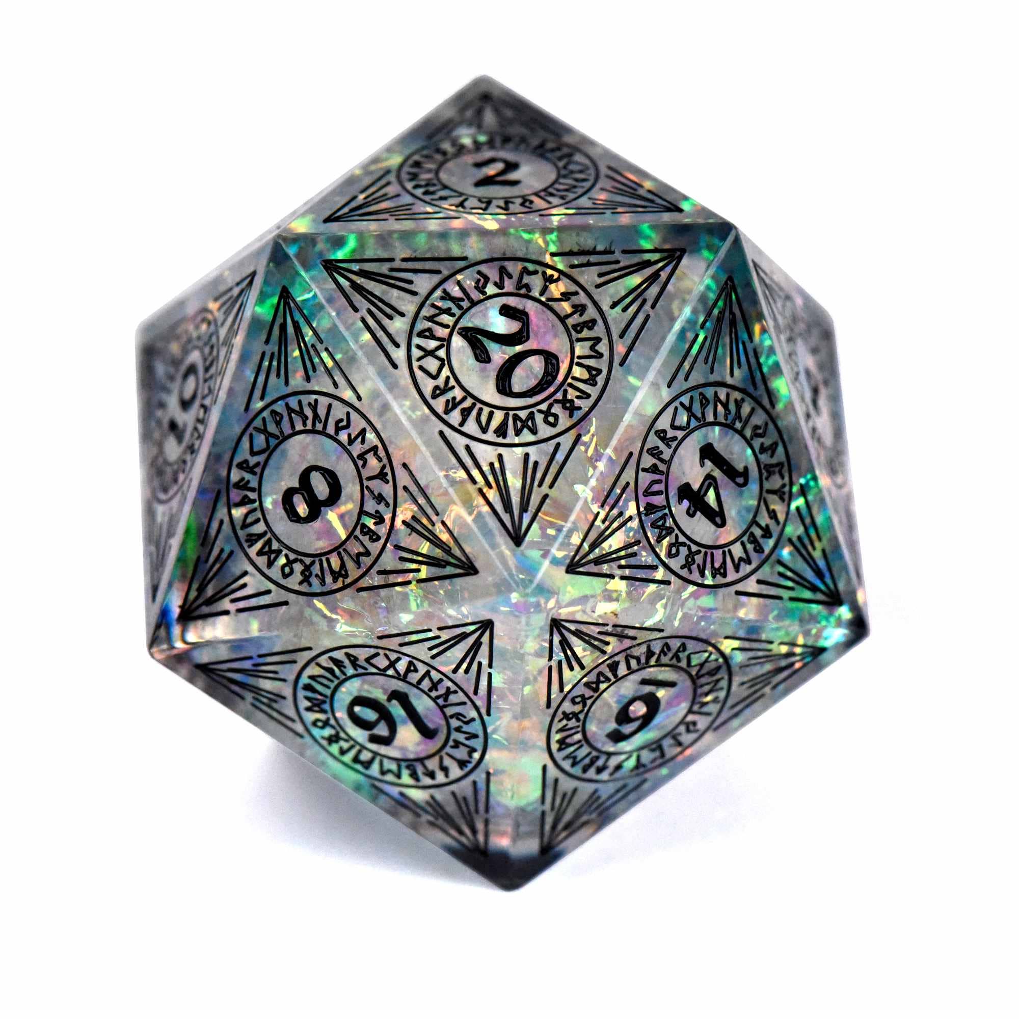 34mm D20 Halls of Asgard die with iridescent patterns and runes around each number.