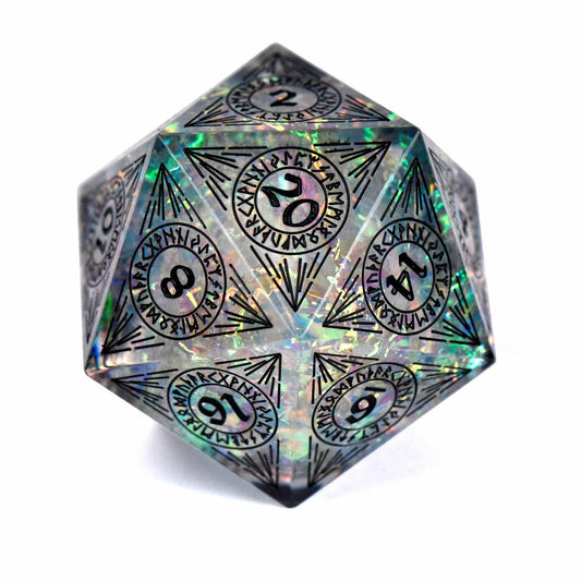 34mm D20 Halls of Asgard die with iridescent patterns and runes around each number.