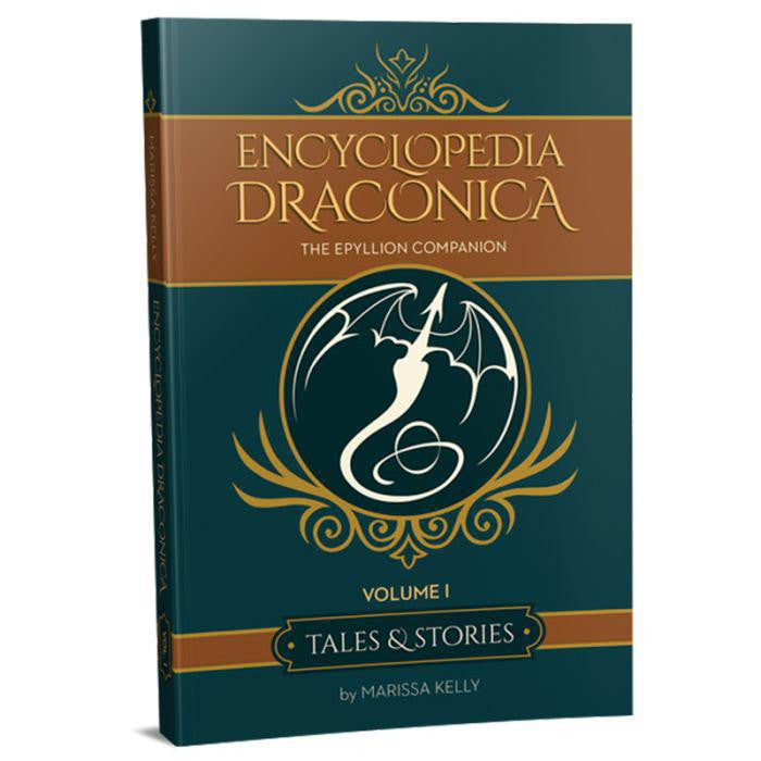 Epyllion: Encyclopedia Draconica book in teal and gold with dragon cover for fantasy tabletop RPG.