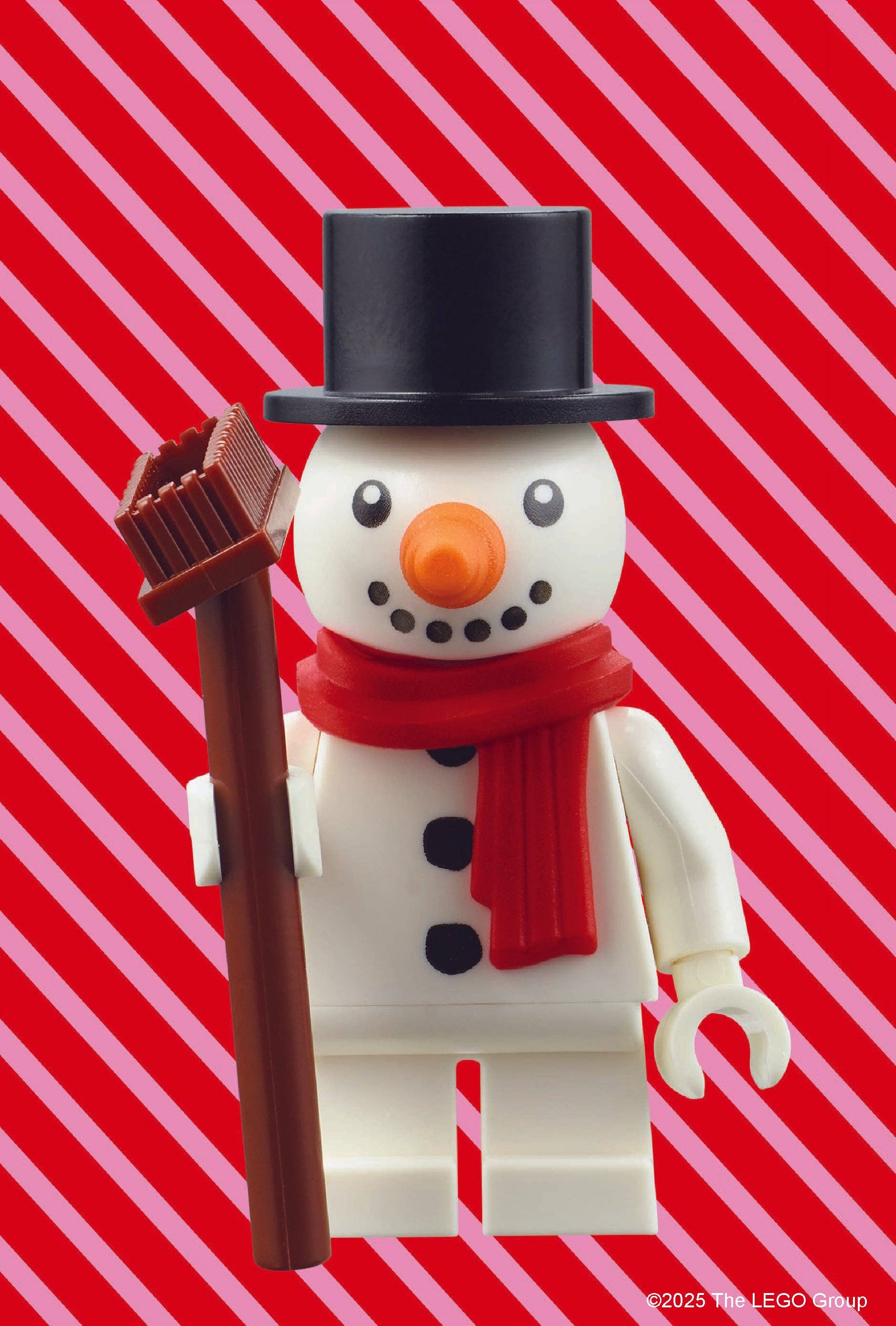 LEGO Mystery Minifigure Mini Puzzle Christmas Edition showing a snowman with hat, scarf, and broom.