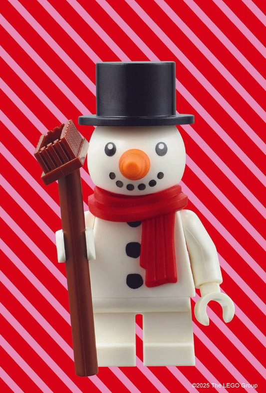 LEGO Mystery Minifigure Mini Puzzle Christmas Edition showing a snowman with hat, scarf, and broom.