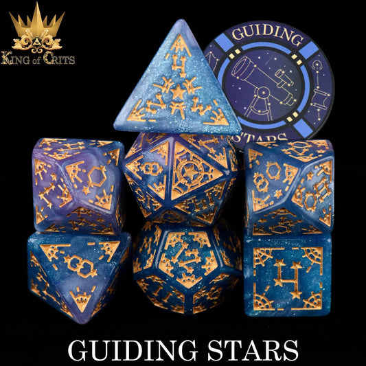 The Guiding Stars 7 Dice Set with blue and gold glitter and constellation designs, acrylic DND dice from King of Crits.