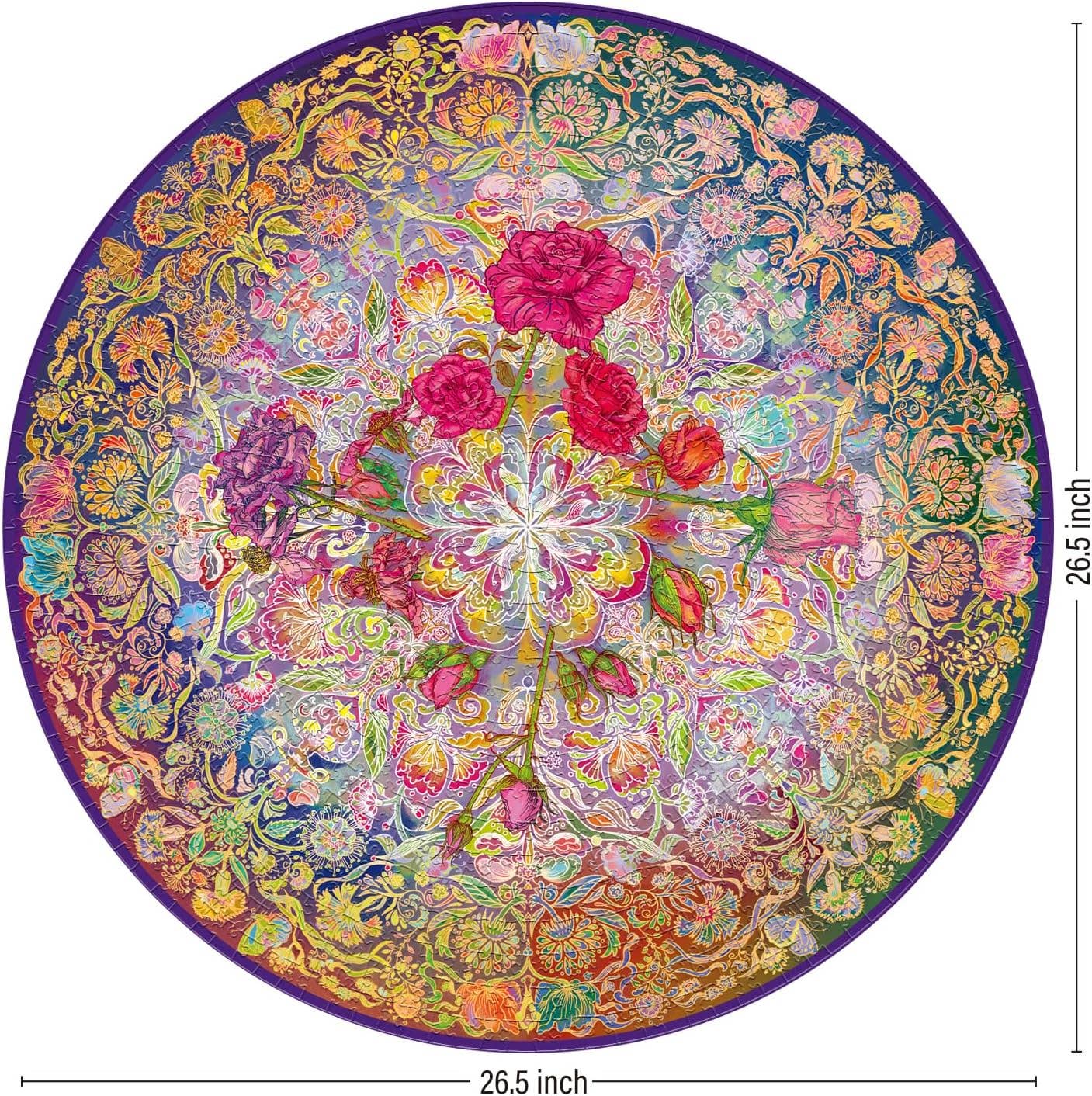 Mandalic Rose 1000 Piece Jigsaw Puzzle, round floral mandala with pink roses, 26.5-inch diameter.