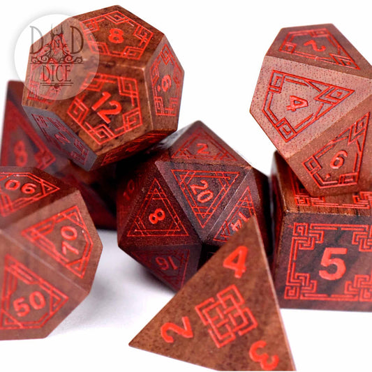 Interlinked - Wood Gift Box: 7-piece dice set with detailed markings, displayed on a white background.
